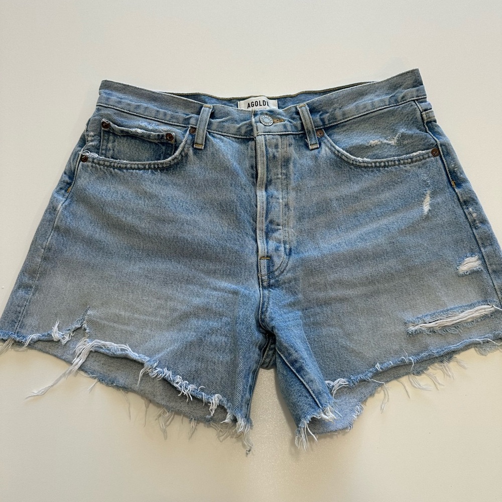Agolde Light Blue Distressed High-Rise Jean Shorts